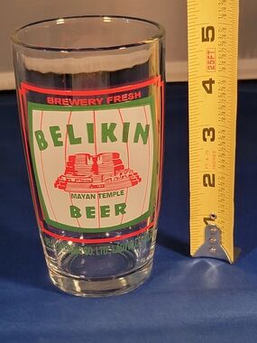 belkin Pint Glass with Red and Green Mayan Temple Logo